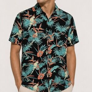 Molokai Surf Co Tropical Print Short Sleeve Button‎ Up Shirt Black Blue Size M